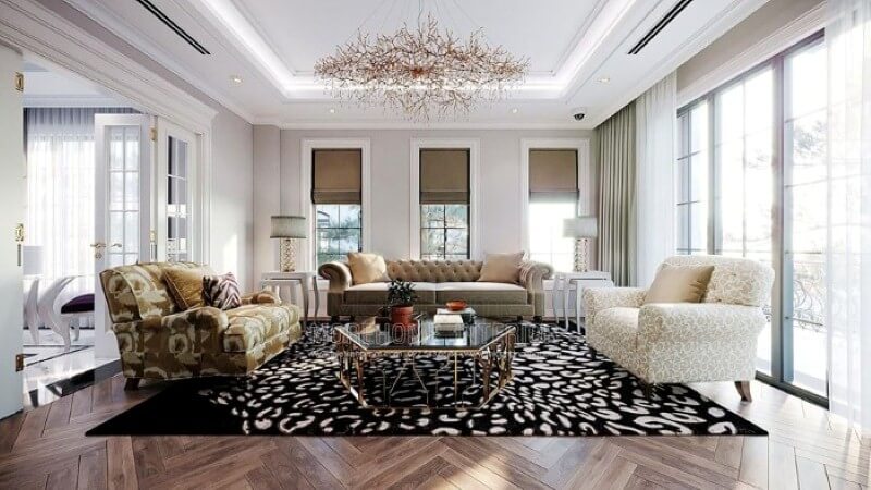 Bộ bàn ghế sofa văng tân cổ điển hoa văn đẹp mắt, sang trọng tạo điểm nhấn ấn tượng cho không gian. Mẫu nội thất biệt thự tân cổ điển đẹp