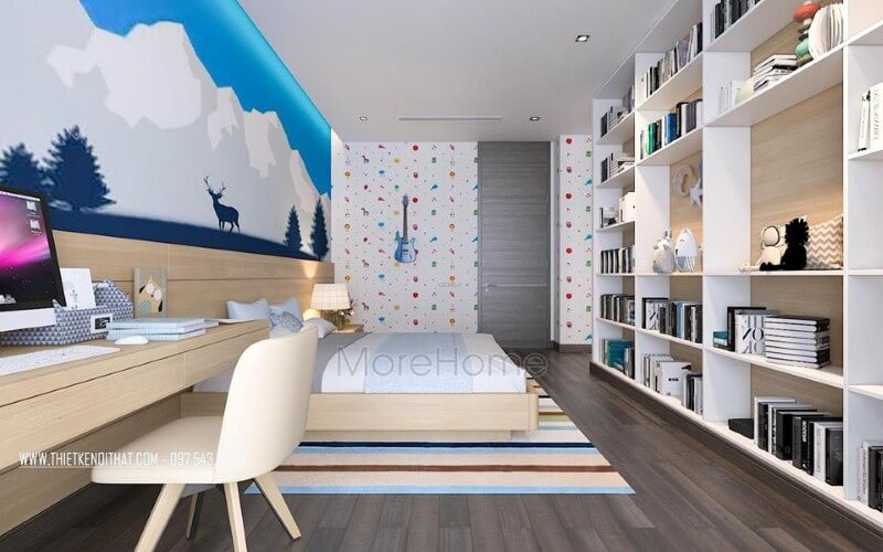 Kệ trang trí phòng ngủ con đẹp, sinh động với thiết kế tủ kệ trang trí nhiều ngăn giúp không gian trở nên thông thoáng, đẹp mắt. Thiết kế phòng ngủ biệt thự