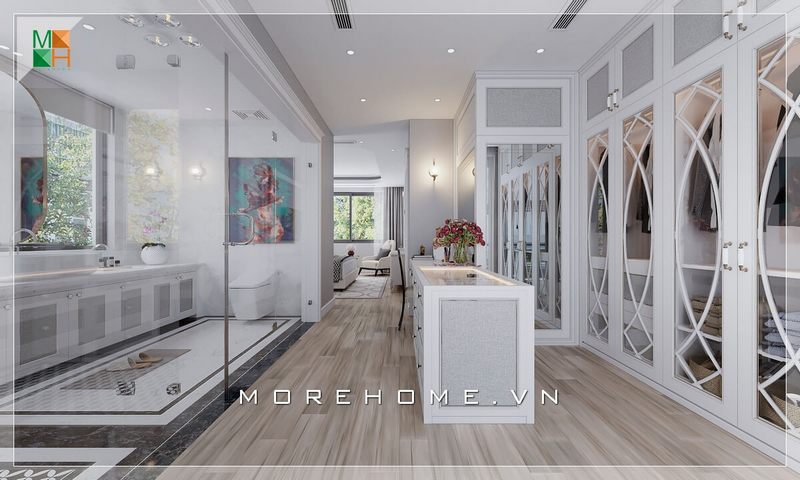 Thiết kế không gian ở giữa phòng thay đồ là đảo phụ kiện rất đẹp và tiện lợi tạo nên một không gian phòng thay đồ tân cổ điển tuyệt vời.