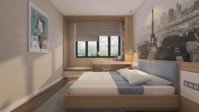 Cửa sổ lớn cùng rèm chắn sẽ là ý tưởng tuyệt vời để tạo nên không gian thông thoáng cho phòng ngủ hiện đại và góc học tập hay bàn làm việc.