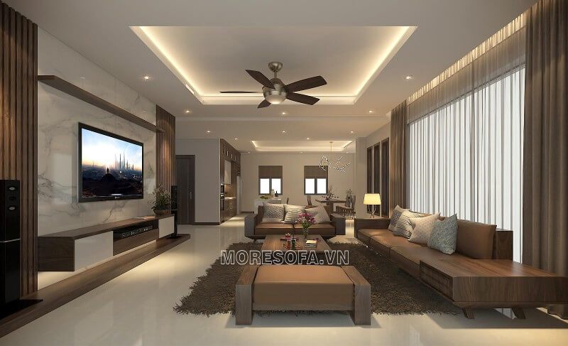 Trang trí nội thất phòng khách nhà phố, nhà biệt thự bằng sofa gỗ óc chó cao cấp