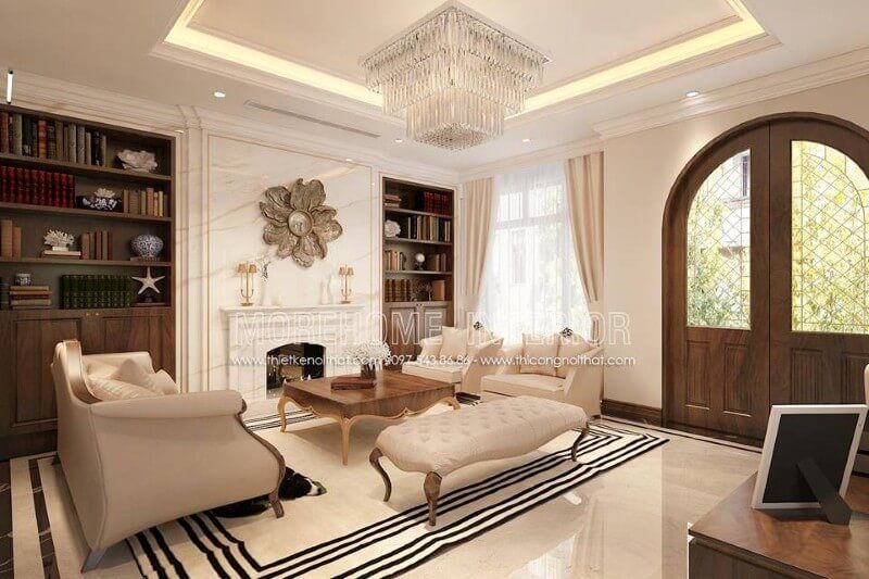 Chất liệu chủ đạo là gỗ óc chó nhập khẩu, kết hợp với đá ốp tường cao cấp, thảm trải sàn, đèn chùm, kệ tủ, lò sưởi... tất cả tạo nên một phòng khách hoàn mỹ và sang trọng nhất