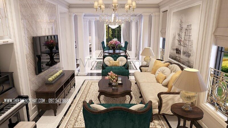 Trang trí nội thất phòng khách gỗ óc chó cao cấp tại Hà Nội, chỉ với sự kết hợp hài hòa 3 tone màu xanh coba - nâu trầm - be, KTS Morehome đã phác họa thành công nên một công trình bậc nhất hàng đầu hiện nay