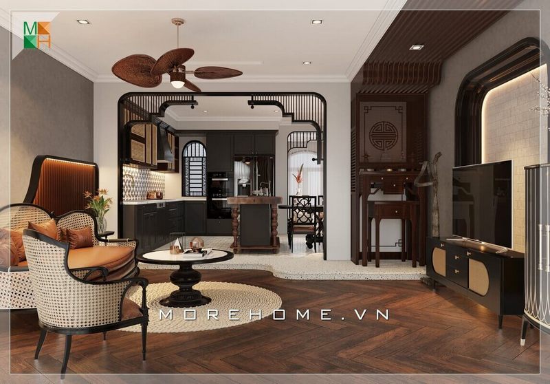 Mẫu thiết kế phòng khách phong cách cổ điển cho chung cư, nhà phố, biệt thự, với đồ nội thất gỗ tự nhiên cao cấp