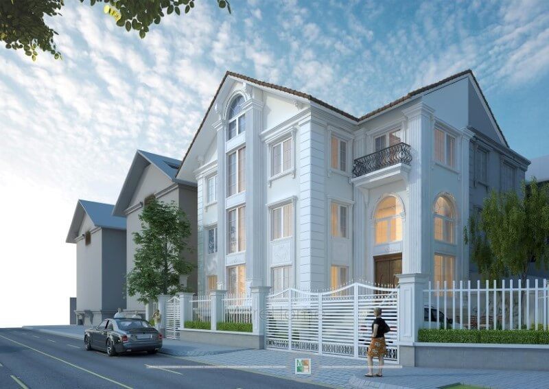Mẫu thiết kế kiến trúc biệt thự Euroland mái thái tân cổ điển 4 tầng tại quận Hà Đông, Hà Nội