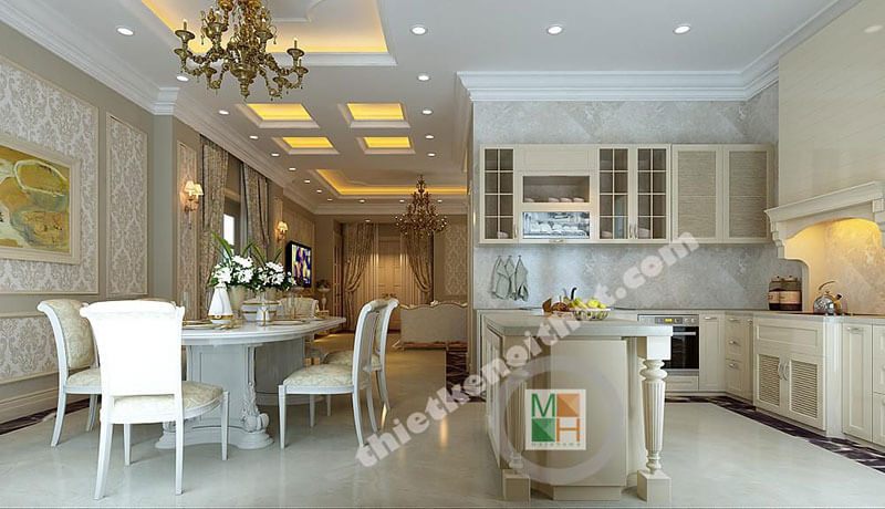 Thiết kế nội thất phòng ăn liền bếp tân cổ điển sang trọng, tiện nghi