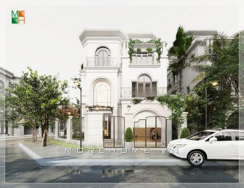 Thiết kế kiến trúc biệt thự phố 3 tầng đẹp, sang trọng mang phong cách tân cổ điển.
