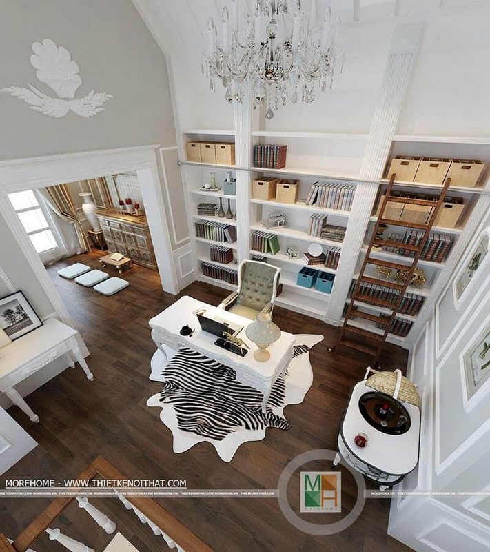 Thiết kế phòng làm việc riêng tại nhà sang trọng với nội thất tân cổ điển ấn tượng tạo không gian làm việc, đọc sách thư giãn cho gia chủ