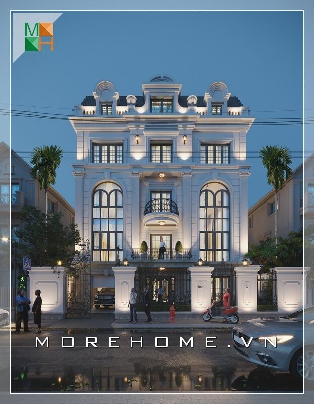 Mẫu thiết kế biệt thự tân cổ điển màu trắng sang trọng và đẳng cắp với những đường nét điêu khắc cuốn hút.