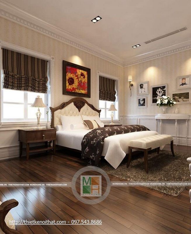 Sử dụng nội thất gỗ tự nhiên để thiết kế phòng ngủ tân cổ điển cao cấp, tinh tế và sang trọng.