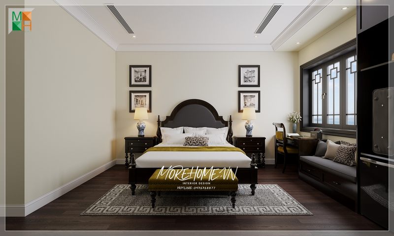 Thiết kế phòng ngủ sang trọng với nội thất gỗ tự nhiên phủ sơn đen theo phong cách Indochine huyền bí là một gợi ý tuyệt vời để tạo nên một không gian sống ấm áp và tinh tế.