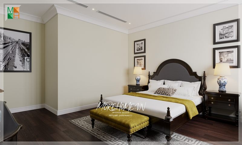 Gỗ óc chó đã được sử dụng để làm tab đầu giường, tạo nên sự tinh tế và sang trọng cho không gian phòng ngủ.