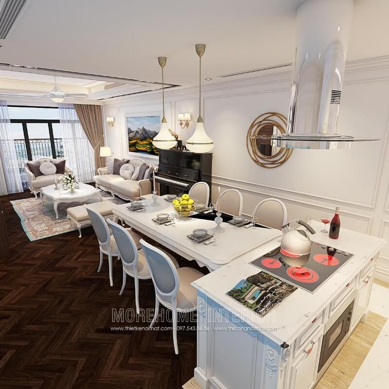 . Thiết kế tân cổ điển linh hoạt, hài hòa của tủ bếp gỗ tự nhiên, với đường nét chạm khắc tinh tế, tỉ mỉ, đã tạo nên một không gian nội trợ sang trọng và tiện nghi.